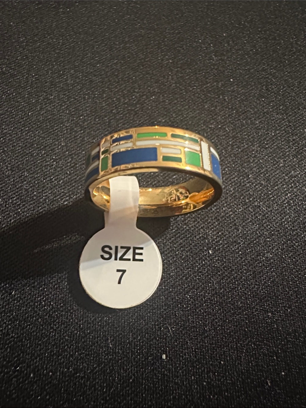 Gold Tone Geometric Inlay Ring with Blue and Green Enamel - Size 7
#29